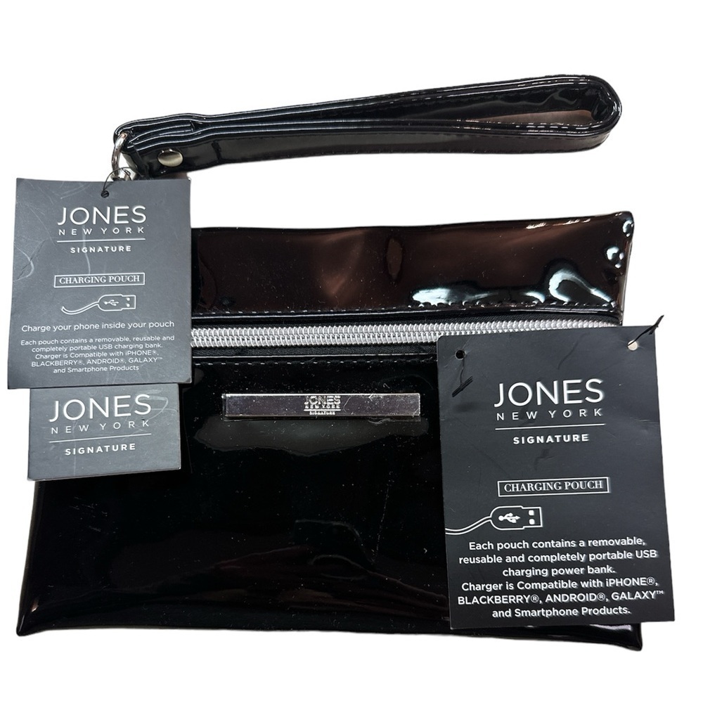 Jones New York Signature Black Patent Charging Rectangle Wristlet NWT